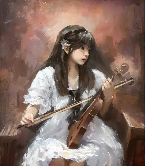 Draw a girl in a white dress playing the violin, inspired by Yeong-Hao Han, makoto oil painting, [ Oil painting ]!!, musician, by Yang J, author：Kim Hwan-ki, by Ni Yuanlu, korean artist, oil on the canvas, Fine art oil painting,