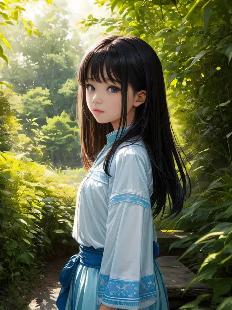 In this captivating image、A lonely girl takes center stage.、Captivate viewers with her presence。She is surrounded by lush vegetation、Standing in a picturesque outdoor environment bathed in soft golden light。Her black hair cascaded down over her shoulders、E...