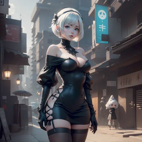 2b nier automata, ((Unidad Yorha no 2 tipo B)), in a cyberpunk city, japanese buildings style, en tela transparente, )), blue eyes, ((ojos azules)), (((DeepVnecklineslipdress))), 1 girl, (pechos grandes:1.27), Enorme areola ,(((deslizamiento de areola))),(...