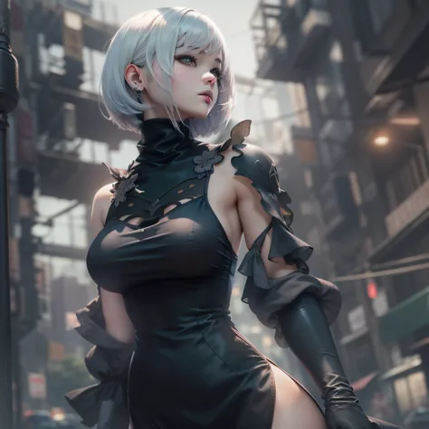 2b nier automata, ((Unidad Yorha no 2 tipo B)), in a cyberpunk city, japanese buildings style, en tela transparente, )), ((ojos azules)), (((DeepVnecklineslipdress))), 1 girl, (pechos grandes:1.27), Enorme areola ,(((deslizamiento de areola))),((areolas hi...