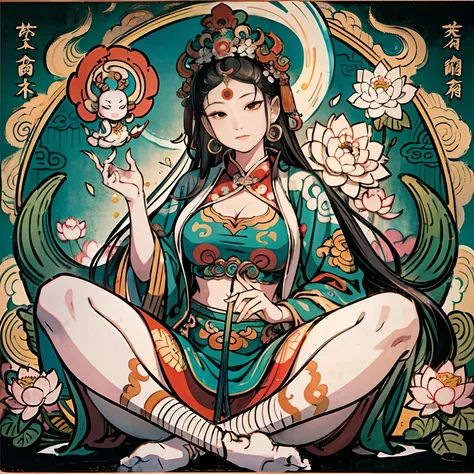 an ancient Chinese goddess, guanyin of the southern seas, Guanyin, Inspired by India, Avalokiteshvara rides a phoenix，,Serene expression,shui mo hua,Buddha,Buddhist,Lotus,Chinese painting style,Thangka style