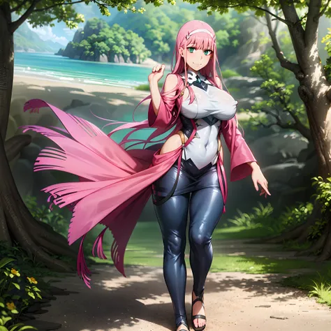 masterpiece, best quality, 1girl, looking at viewer, cute, beach, sunlight, ocean, medium breasts, thighhighs, black thighhighs, green eyes, zero two (darling in the franxx), pink hair, beautiful detailed eyes, beautiful detailed glow, lots of glow, arms b...