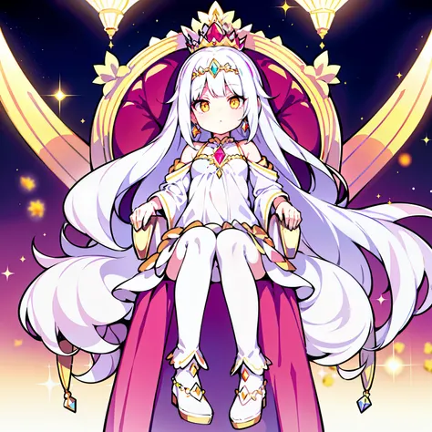 Girl, personality, charm, cute，sunflower earrings，long silky white hair, bright yellow eyes，sitting on a throne, head wearing ruby ​​and diamond crown, flat bangs，outdoors， the space in the palace sparkled, with the surrounding crystal pillars，The small mo...