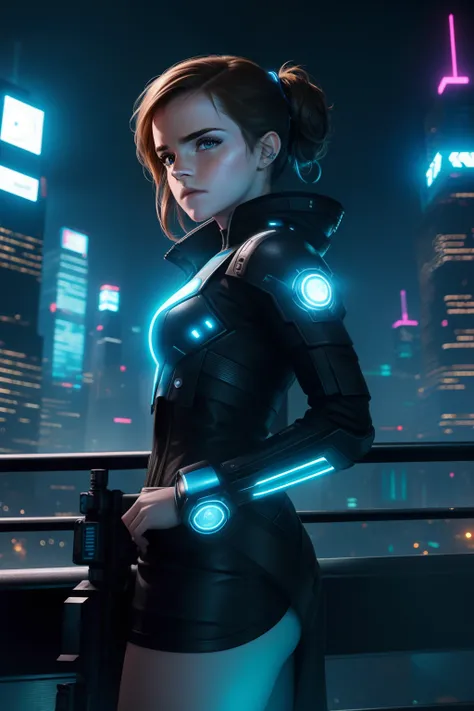 A futuristic Emma Watson, standing atop a towering cyberpunk cityscape, her eyes glowing with a neon blue light.