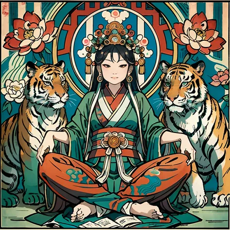 an ancient Chinese goddess, guanyin of the southern seas, Guanyin, Inspired by India, Avalokiteshvara rides a tiger，,Serene expression,shui mo hua,Buddha,Buddhist,Lotus,Chinese painting style,Thangka style