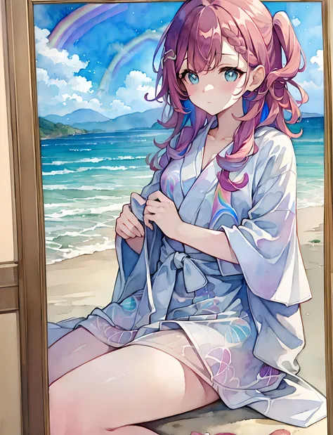 Yumekawa 、Cute as a dream、１People Girls、a pale、Moya、((​masterpiece、top-quality、top-quality、Hi-Res、watercolor paiting(Curly))、Cowboy Shot、bathrobe、patterns、BREAK、((rainbow-colored hair:1.2))、sea side、sand beach、Clear blue sky、​​clouds、kawaii、PastelColors