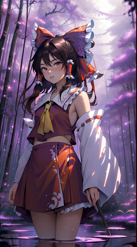 ((detailed background, masterpiece, best quality, 1woman, (Hakurei Reimu), brown hair, hair tubes, hair ribbon, brown eyes, nontraditional miko, a forest full of purple and white trees, fireflies, water, purple theme, white theme, mystical, magical,))