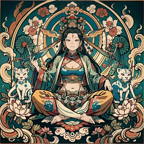 an ancient Chinese goddess, guanyin of the southern seas, Guanyin, Inspired by India, Avalokiteshvara rides a lion，,Serene expression,shui mo hua,Buddha,Buddhist,Lotus,Chinese painting style,Thangka style