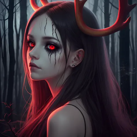 dark, unholy, evil, astral, creepy style, undead, rotting skin, mystical, nice perfect face with soft skin, young girl portrait in the woods, smoke, mist, night, long hair, from behind, red glow, red eyes, nihility, void, antlers