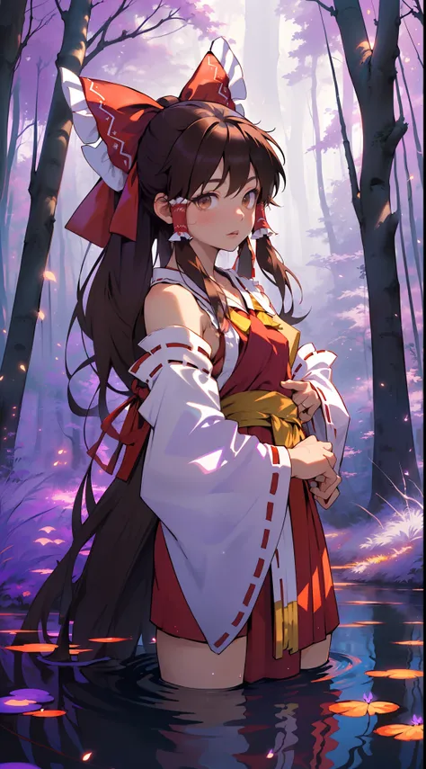 ((detailed background, masterpiece, best quality, 1woman, (Hakurei Reimu), brown hair, hair tubes, hair ribbon, brown eyes, nontraditional miko, a forest full of purple and white trees, fireflies, water, purple theme, white theme, mystical, magical,))