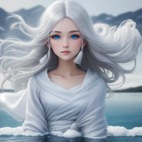 Dressed in white，Silver hair is shiny，Its like a tassel，Falls to the waist，Deep blue eyes are as clear as a lake，Placid，Skin like snow，The face is cold