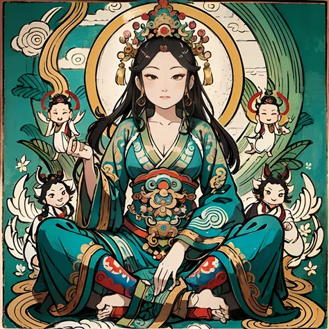 an ancient Chinese goddess, guanyin of the southern seas, Guanyin, Inspired by India, Avalokiteshvara rides a phoenix，,Serene expression,shui mo hua,Buddha,Buddhist,Lotus,Chinese painting style,Thangka style