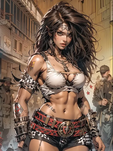 (((mulher))), (((melhor qualidade))), (((obra prima))), (((adulta))), Uma guerreira mulher de 35 anos com corpo perfeito, Brooklyn Gladiators, (( under boobs )), quase nua no estilo selvagem urbano de Simon Bisley para a capa da revista Heavy Metal, cabelo...