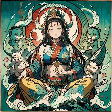 an ancient Chinese goddess, guanyin of the southern seas, Guanyin, Inspired by India, Avalokiteshvara rides a lion，,Serene expression,shui mo hua,Buddha,Buddhist,Lotus,Chinese painting style,Thangka style