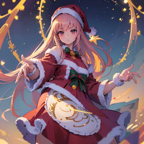 (best quality, masterpiece:1.3), illustrations, anime, very high resolution, large filesize, full color, beautiful detailed glow, front light, 1girl, Christmas, santa costume, ((magical girl)), Christmas decorations, magic, battling,