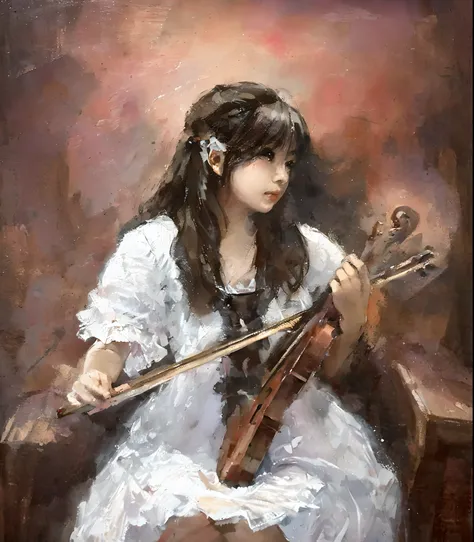 Draw a girl in a white dress playing the violin, inspired by Yeong-Hao Han, makoto oil painting, [ Oil painting ]!!, musician, by Yang J, author：Kim Hwan-ki, by Ni Yuanlu, korean artist, oil on the canvas, Fine art oil painting,