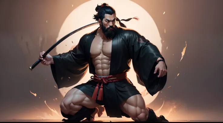 It is a full-body painting with natural colors with Katsushika Hokusai-style line drawings. Miyamoto Musashi has a big body like a strongman. Samurai of Japan. He has a dignified yet manly expression of determination, short black hair, and a short, trimmed...