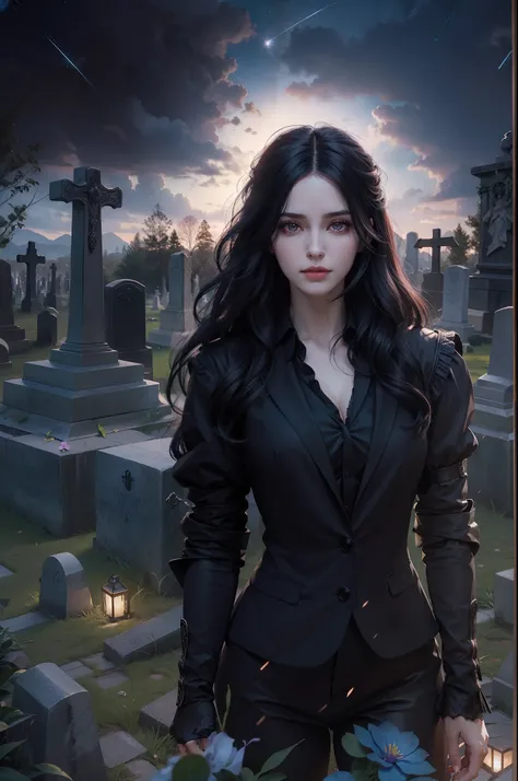 Beautiful woman reminiscent of Yennefer from The Witcher with long black hair and violet eyes bright as constellations, obra prima, ultra qualidade, 8k, cabelos caindo sobre seus ombros, in the background a cemetery, Shes wearing a black suit and tie.........