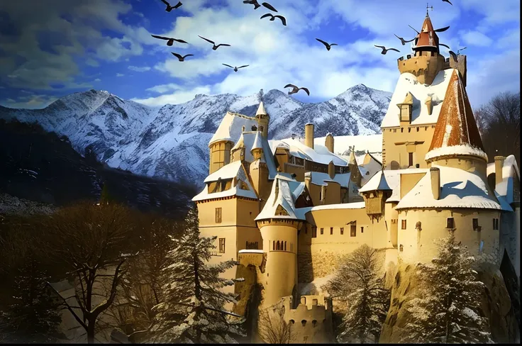 Arafed Castle with a flock of birds flying over it, Draculas Castle, transylvania, transylvanian castle, Castelo bonito, Castelo de Scarry)). mistic, Castelo na montanha, Morcegos voando para longe do castelo, fundo medieval do castelo, localizado em um ca...