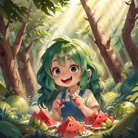 In summer, light green hair girl hold cut of watermelon, happy, background is forest, perfect quality, clear focus, colorful, perfect face, intricate details, ultra-low viewing angle, wide angle lens