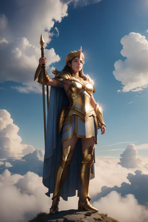 A majestic Athena, standing atop a mountain of clouds, her armor gleaming in the sunlight.