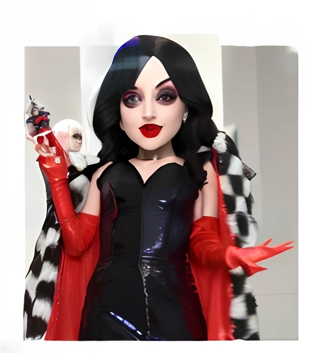 um close up de uma mulher com um vestido preto e luvas vermelhas, cruella diabo, Lady Gaga como Harley Queen, Lady Gaga Harley Rainha, Vilania, Lady Gaga como Arlequina, Harley Rainha, Parece Christina Ricci, lady gaga is harley quinn, Arlequina, mona lisa...