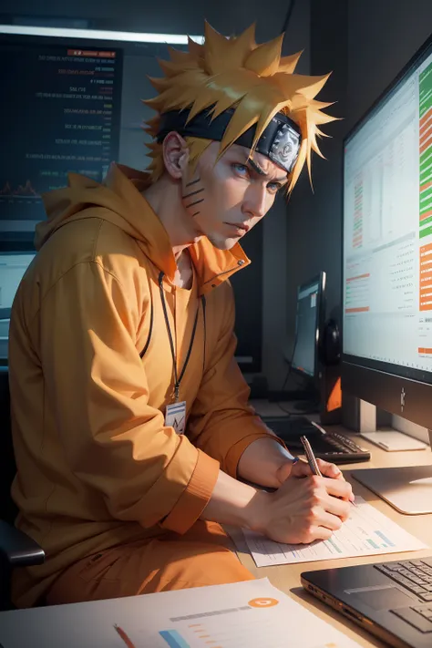 Naruto Uzumaki, wearing orange cloths in a modern office, analyzing investment charts on a large screen., his face is front to camera  In the background, I want to visualize graphs of some cryptocurrencies, dollar (Bitcoin, Ethereum, Ripple) , stacks of go...