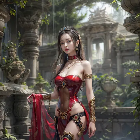 ((​masterpiece:1.4)、(top-quality:1.4)、(reallistic:1.7))、Beautiful girl strolling in the garden of fantastic ancient city、Sexy Daughter、Super beautiful girl、1girl in:1.4、Dress like a queen、Glossy luxury latex、Luxury Latex Bodysuit、By Luis Royo、age19、Super U...