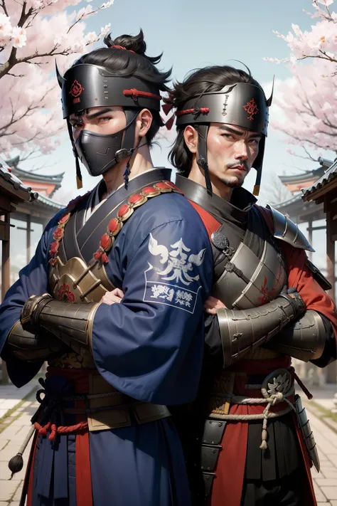 dois samurais de frente um para o outro se encarando um samurai de armadura japonesa preta com detalhes azul e o outro samurai com quimono vermelho com detalhes de sakuras amarelas