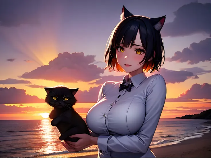 1 girl in、embarassed expression、cabelos preto e longos、Black cat ears、Yellow eyes，red blush、(Rim lighting):1.2、Soft shadows、vivd colour、Beautiful sunset、plein air，the beach，ultra-detailliert、Large breasts，Official art、unity 8k wall paper、Upper body only ph...