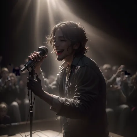 An ethereal photograph that captures an idol singer with a microphone in his hand, in the midst of a dynamic performance on stage. Bathed in a spotlight, Su radiante sonrisa atraviesa la oscuridad mientras bailan, rodeado por un torbellino de gente enloque...