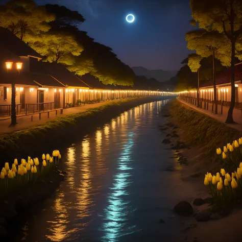 Foto realista natural de tulipas vermelhas  ao fundo um rio em corredeira a luz da lua a noite