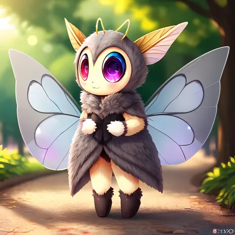 ((cute anthro moth)), (insect girl, insect eyes:1.3), female, heterochromia, (with gray moth wings:1.3), full body covered with colorful fluffy fur, full body, intricate, detailed, sharp focus, blurry background, park background, trending on Pixiv, 4k