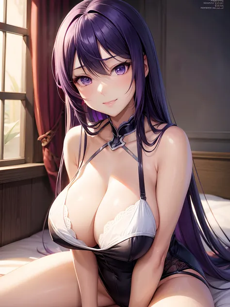 horny anime girl with bright purple eyes and long hair posing lying on bed, smooth anime cg art, extremely detailed artgerm, seductive anime girl, attractive anime girl, female action anime girl, beautiful alluring anime woman, beautiful anime woman, artge...