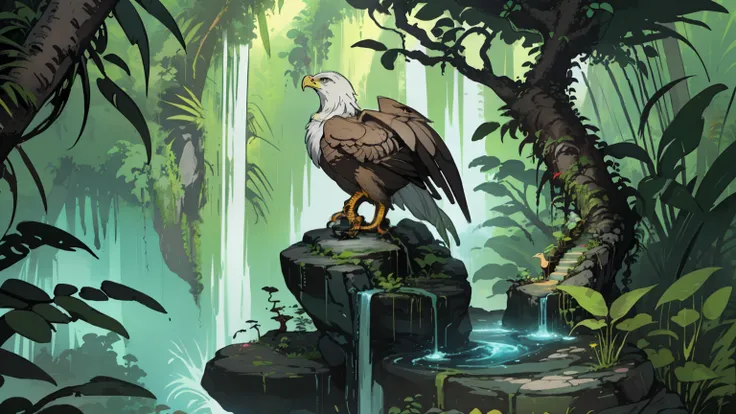 Side view, A beautiful and strong eagle with magical and long tail seat on a rock and looking to jungle