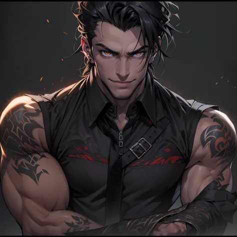 Handsome male. Dark silky hair, amber eyes, lean and muscular build, with a sharp jawline and a devilish smile. Im dressed in fine black clothes and have a silver stake tucked in my sleeve.