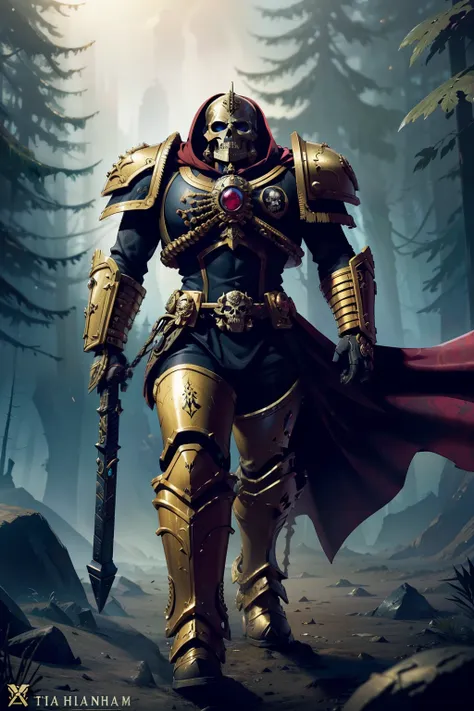 skeleton,warhammer 40k,space marine,intricate ornamented black gold ruby armor,adepta sororitas,dynamic posture,male,temperate r...