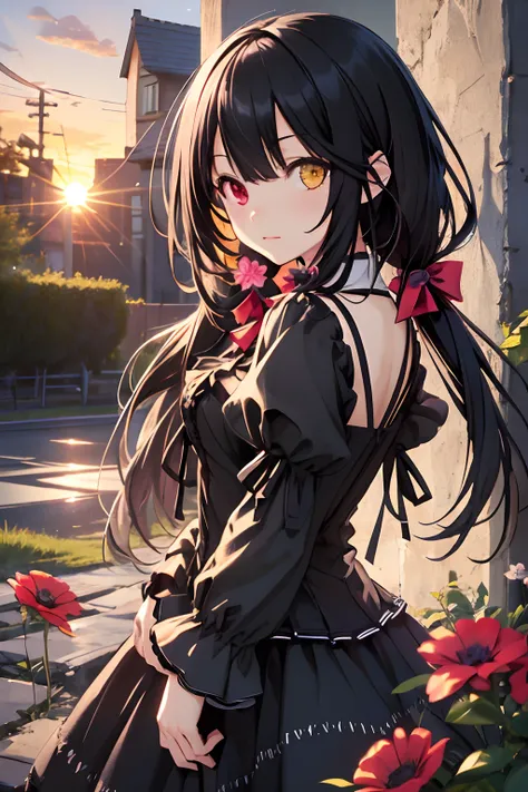 masterpiece, best quality, highres, 1girl, cckurumi, long hair, low twintails, hair flower, heterochromia, hair bow, gothic, black dress, ribbon, standing, cowboy shot, outdoors, sunset