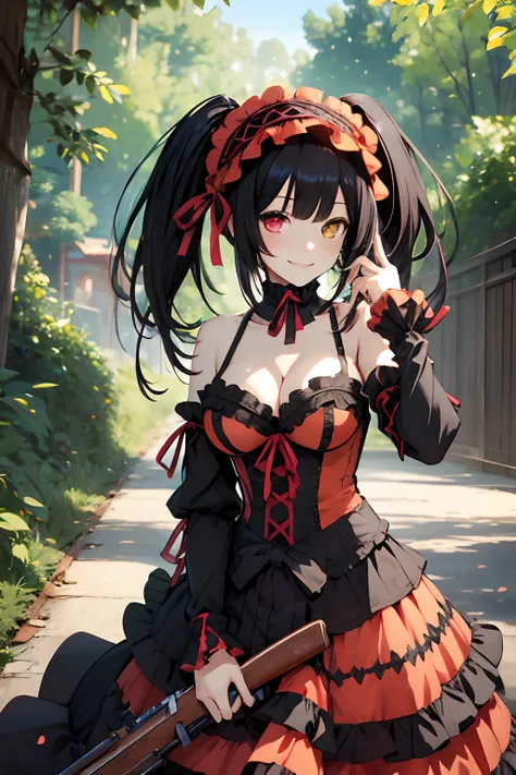 masterpiece, best quality, highres, 1girl, aakurumi, long hair, twintails, hairband, heterochromia, medium breasts, cleavage, black choker, red ribbon, bare shoulders, gothic, red dress, red bow, detached sleeves, red skirt, holding weapon, gun, outdoors, ...