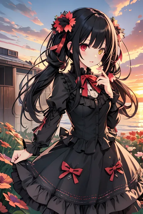 masterpiece, best quality, highres, 1girl, cckurumi, long hair, low twintails, hair flower, heterochromia, hair bow, gothic, black dress, ribbon, standing, cowboy shot, outdoors, sunset