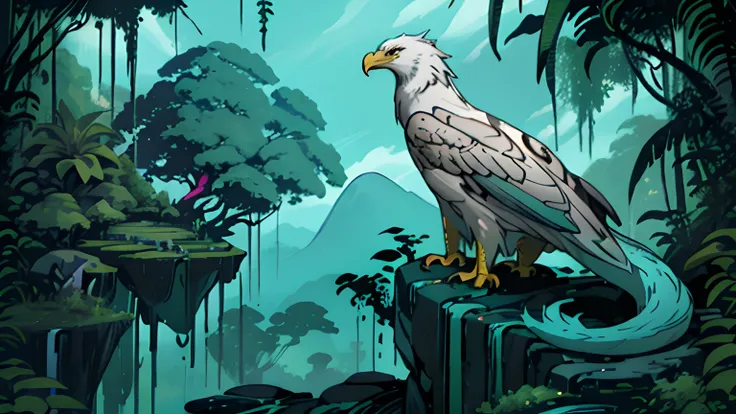 "Side view, Beautiful and majestic eagle with a magical elongated tail perched on a rocky outcrop, gazing towards the lush jungle."