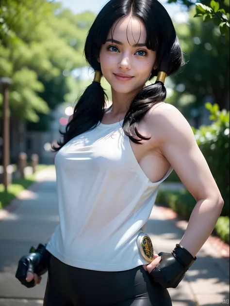 ((Masterpiece:1.4)), (high resolution:1.4), (fight pose:1,5), videl2, solo, blue eyes, black hair, twintails, black gloves, bike_shorts, bangs, white shirt, badge, medium breasts, smile,, garden, beautifull smile, beautiful face, highly detailed skin, skin...