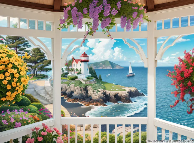 there is a gazebo with a view of the ocean and a lighthouse, detailed scenic view, sunny bay window, seaside backgroud, beautiful scenic view, scenery artwork, scenery art detailed, overlooking the ocean, in a scenic background, scenic view, beatiful backg...