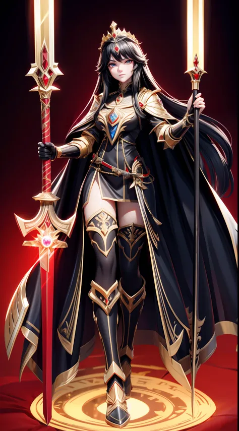 full body picture Unreal Engine 5 8K UHD of beautiful women, black long hair, queen, royal golden armor with details, red cape, female royal knight, formal pose, holding sword with ancient language, flying ancient language effect, gold crown with diamonds,...