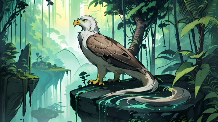 "Side view, Beautiful and majestic eagle with a magical elongated tail perched on a rocky outcrop, gazing towards the lush jungle."