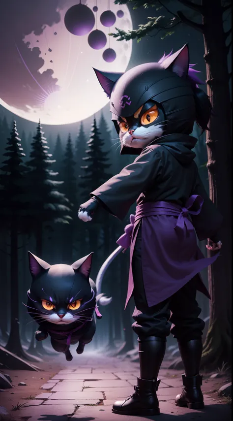 Create a vibrant dark fantasy cute ninja cat in a clean-lined minimalistic cartoon style, in the background a beautiful forest and a bright purple moon, octane render, 8k