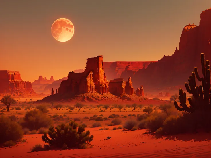 "r3dd34dstyle masterpiece, digital painting of a wild west desert scene with an enchanting evening sky and a rising moon, featur...