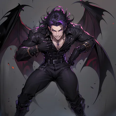 Handsome male. Dark silky purple hair, amber eyes, lean and muscular build, with a sharp jawline and a devilish smile. Im dressed in fine black clothes and have a silver stake tucked in my sleeve. Vampire. Bara. Bulge in pants. Black boots. Piercings. Wavy...