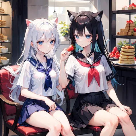 masutepiece,Best Quality,ultra-detailliert,Two hands,Two legs,Five Fingers,best faces,1 girl,Light blue long hair,timid,Cat ears,pale blue eyes, Height 145cm,small tits,Cat tail,a sailor suit,white t-shirts,a black skirt,Strawberry pancakes on a plate, blu...