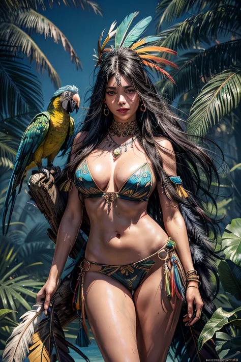 1girl, ((big chest)), (cut abdomen: 1.1), (perfect body: 1.1), (long straight hair: 1.2), ((black hair)), full body, wild Brazilian India Xavante, extreme tan skin, Extremely messy straight black hair, huge blue macaw parrot feather headdress, athletic bui...